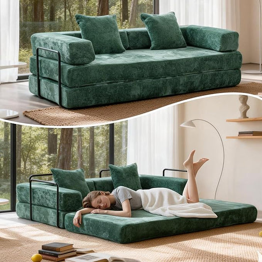 Convertible Floor Sofa Bed Fold Out Floor Couch with Pillow Back &amp Armrest Compressed Couch with Fixed-Shape Frame Chenille Foldable Sleeper Sofa Bed for Living Room Bedroom Dark Green