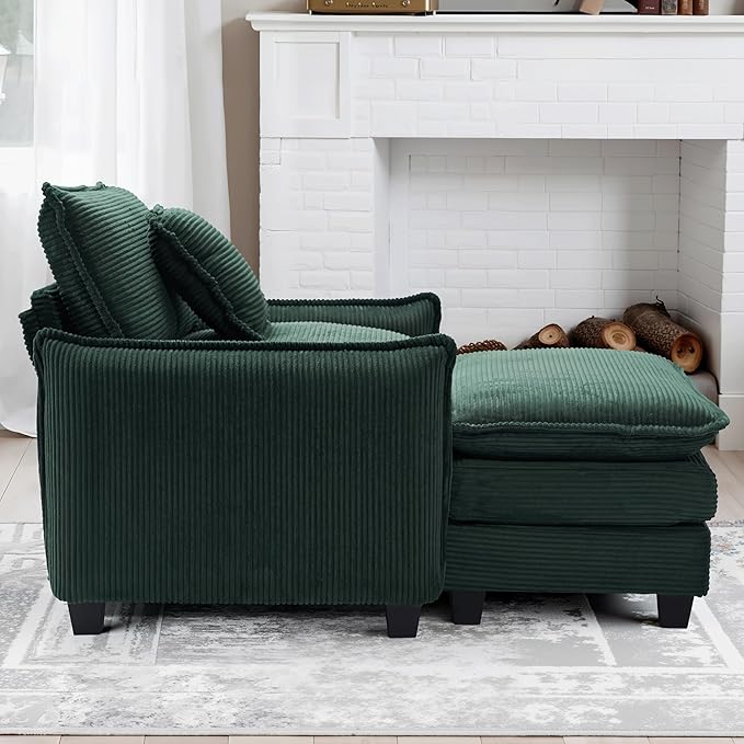 46 W Oversized Chair with Ottoman - Comfy Accent Chair and Ottoman Set Single Corduroy Large Armchair with Extra Thick and Deep Seat Modern Cloud Chaise Lounge for Living Room(Green)