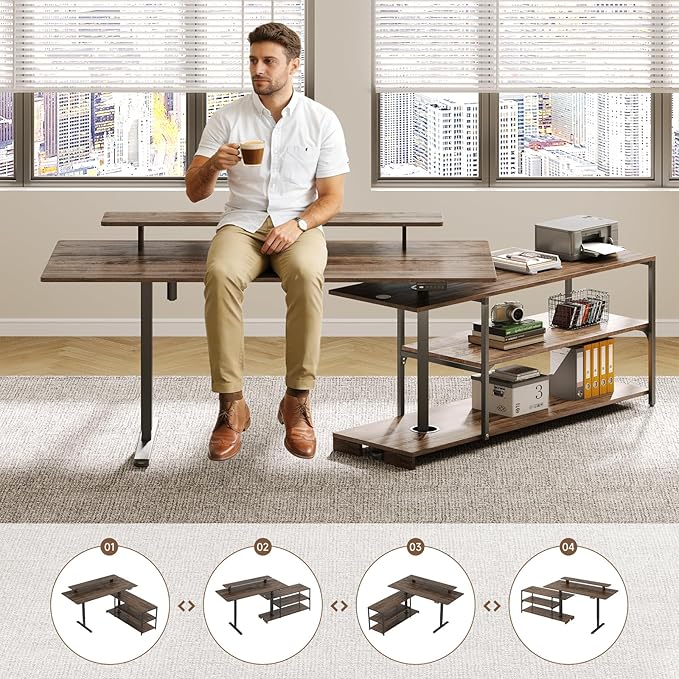 Standing Desk with File Cabinet 63x24'' L Shaped Electric Stand Up Desk with Adjustable Monitor Shelf Adjustable Height 28-46'' for Home and Computer Workstation Walnut