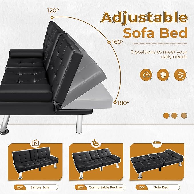 Furniwell Futon Sofa Bed Modern Faux Leather Sofa Couch for Living Room Convertible Folding Adjustable Recliner with 2 Cup Holders and Armrests (Black)