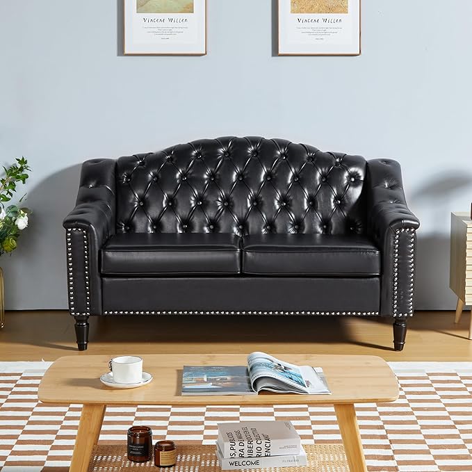LEVNARY Chesterfield Loveseat Leather Upholstered Sofa with Button-Tufted Back Mid-Century Modern Sofa with Solid Wood Legs 2 Seater Couches for Living Room (Black)
