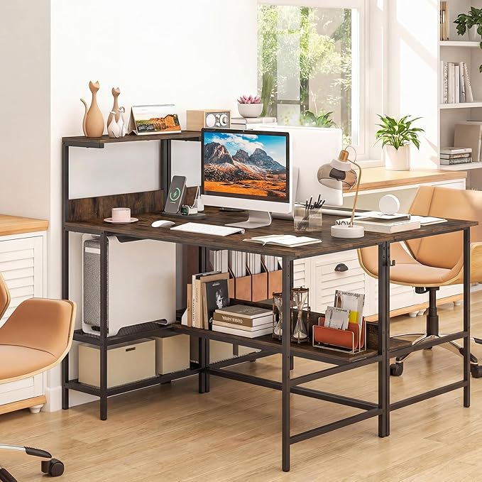 Giantex 48 Computer Desk with Charging Station Reversible Writing Desk with Storage Shelves &amp Headphone Hook Small Gaming Desk Industrial Computer Workstation for Home Office (Rustic Brown)