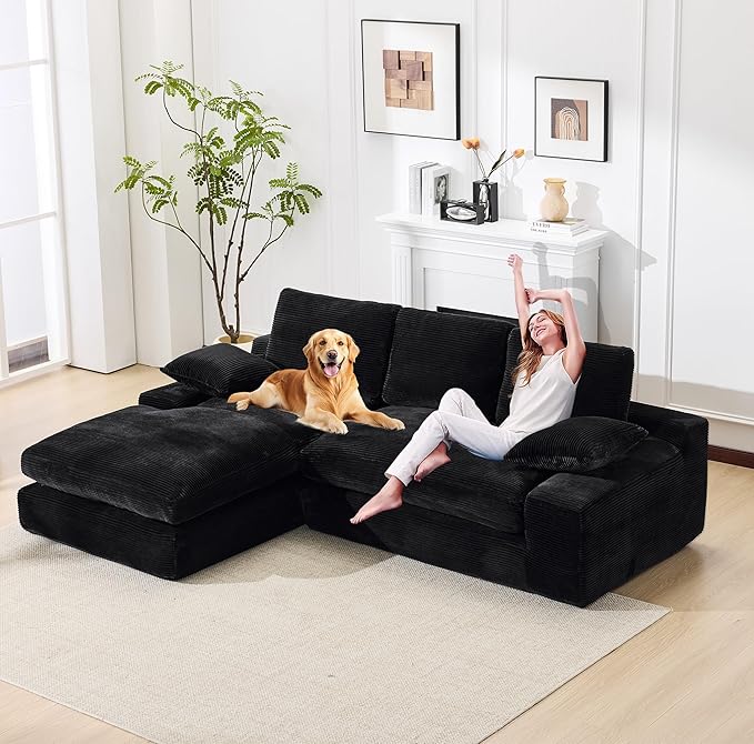 98.4 Black Sectional Sofa Cloud Modular Sectional Couch with ChaiseCorduroy Sectional Couches L-Shaped Modern Upholstered Sofa with Deep Seat for Living Room and BedroomNo Assembly Required(Black)