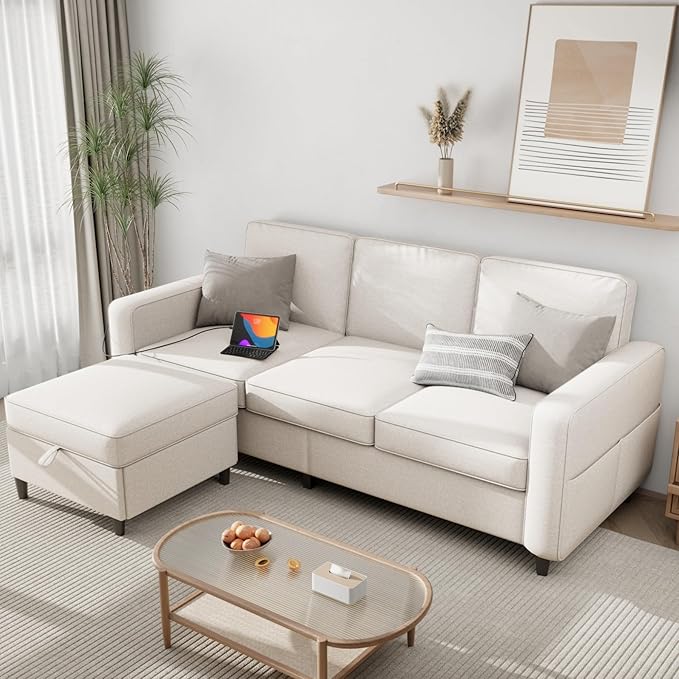 Sectional Couches for Living Room - Deep Seater Couch Living Room-Comfy L Shape Modular Sofawith Storage Chaise-Washable Covers-Suitable for Living RoomsApartmentsRooms and Offices-BeigeUSB