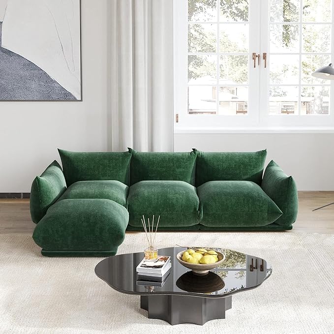 JACH 103 L-Shaped Sectional Sofa Modular Minimalist Chenille Sofas Couches Luxury Modern Couch with Reversible Chaise Ottoman for Living Room Apartment Green