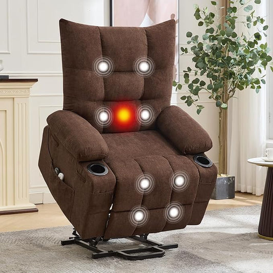 GarveeHome Power Lift Recliner Chair for Elderly with Massage and Heat Oversized Electric Massage &amp Heat Recliner with Soft Padded Upholstery Side Pocket &amp Cup Holders for Living Room Brown