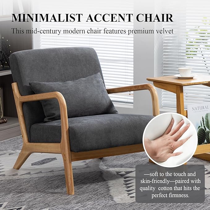 Minimalist Accent Chair Velvet Upholstered Mid-Century Modern Chair with Pillow Lounge Arm Chair with High Backrest Comfy Reading Chair for Living Room Balcony (Grey)