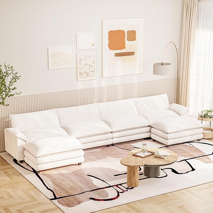 Furniwell 159 Modern Couches Sectional Sofa with Movable Ottoman U Shaped Sofa Couch with Comfy Chenille and Deep Seat 4-Seat Cloud Couch for Living Room Bedroom and Apartment