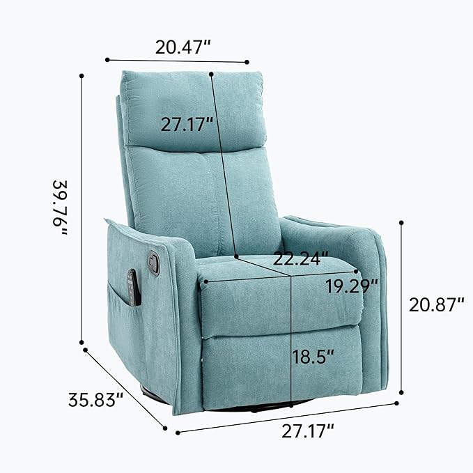 PELUMY 360 Swivel Rocking Recliner Chair for Adults Nursery Rocking Chair with Heat and Massage Glider Reclining Chair for Small Space Living Room Bedroom (Teal)