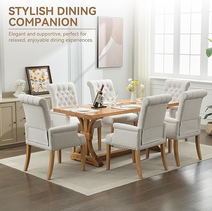 Fabric Dining Chair with Arms Upholstered Tufted High Back Dining Room Chairs Accent Armchair with Solid Wood Leg and Nailhead Trim Kitchen Dining Living Room Beige