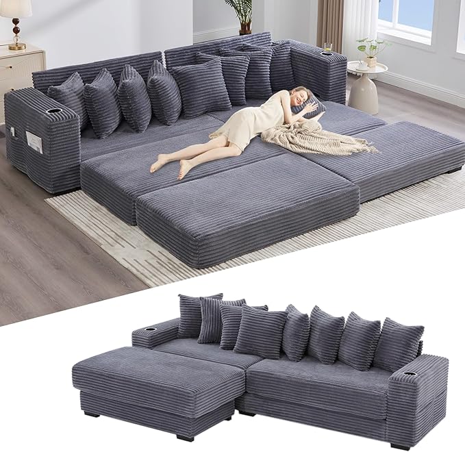 111 Inch Sleeper Sofa Bed | Convertible Cloud Sectional Couches for Living Room | L-Shaped Couch with Cup Holder Side Pocket 8 Pillpws | Dark Grey
