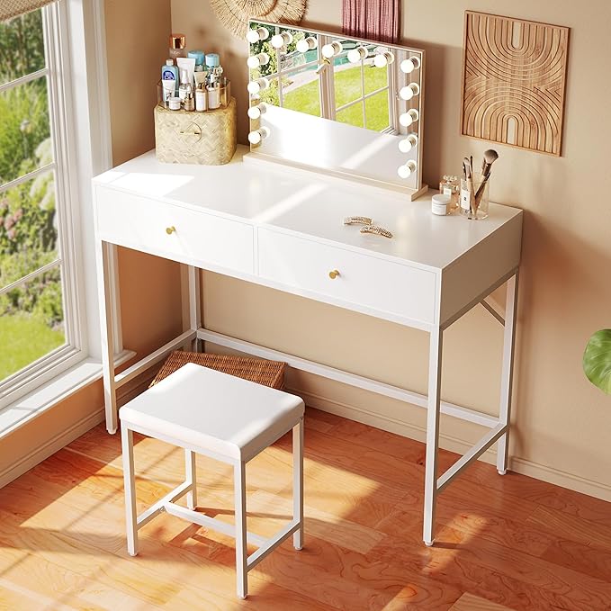 SUPERJARE 35.4 White Desk with 2 Drawers Modern Makeup Vanity with Padded Stool Small Computer Desk Home Office Desk for Writing Study Bedroom