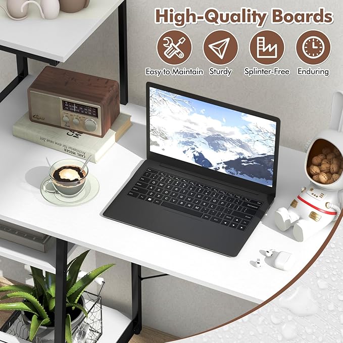 Giantex Computer Desk with Shelves 47.5” Home Office Desk with Bookshelf Host Stand Metal Frame PC Laptop Workstation Modern Study Writing Desk for Bedroom Small Space (White &amp Black)