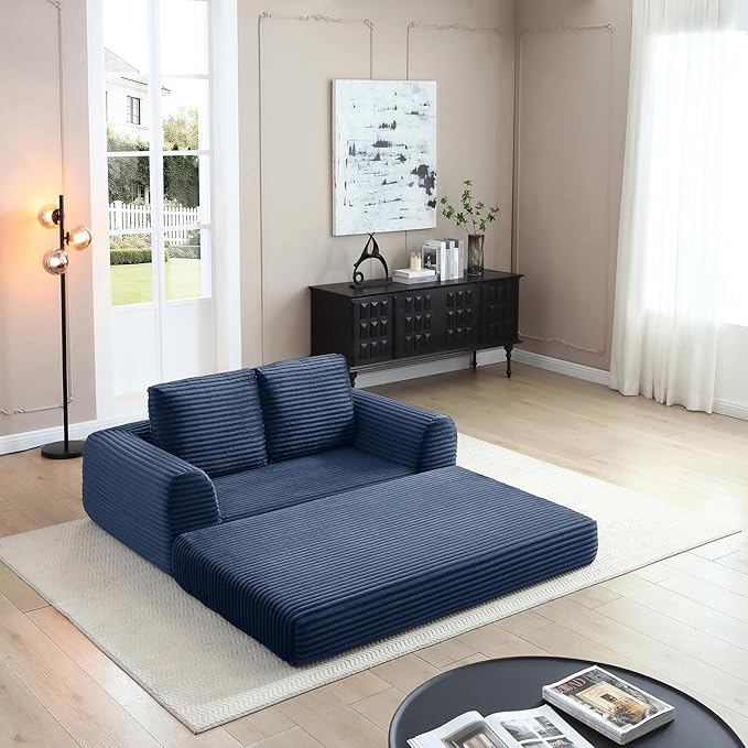 63 Corduroy Boneless Couch 2-Seater Compression Sofa with 2 Throw Pillows No Assembly Required Comfy Loveseat Sofa in a Box Modern Couches for Living Room (Blue 63 inch &amp Pull-Out Bed) | Bre