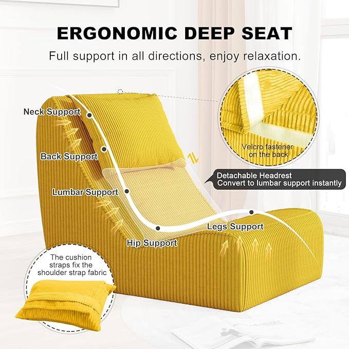 Giant Bean Bag Chair for AdultsCorduroy Chaise Lounge with Unrivaled Back Support Detachable Neck Pillow Comfortable Ottoman &amp Washable Cover for Living Room Bedroom Garden (Corn Yellow)