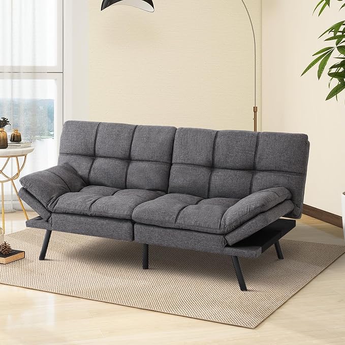 Futon Sofa Bed Convertible CouchMemory Foam Futon Sofa CouchSleeper Futons Sofa CouchesSmall Splitback Modern Loveseat Sofa Bed for Living RoomOfficeApartmentLinen FabricDark Gray.
