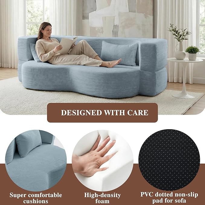 Convertible Sofa Bed 78'' Queen Size Folding Sleeper Sofa with Pillow 2-in-1 Teddy Fabric Boneless Loveseat Floor Couch &amp Mattress for Living Room Guest Room No Assembly Required (Blue)