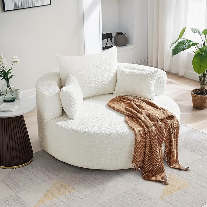 360° Swivel Barrel Chair - Oversized Round Sofa Chair and A Half with Removable Pillows Comfy Modern Upholstered Chenille Deep Seat Circle Chaise Lounge for Living Room Bedroom Office Hotel (White)