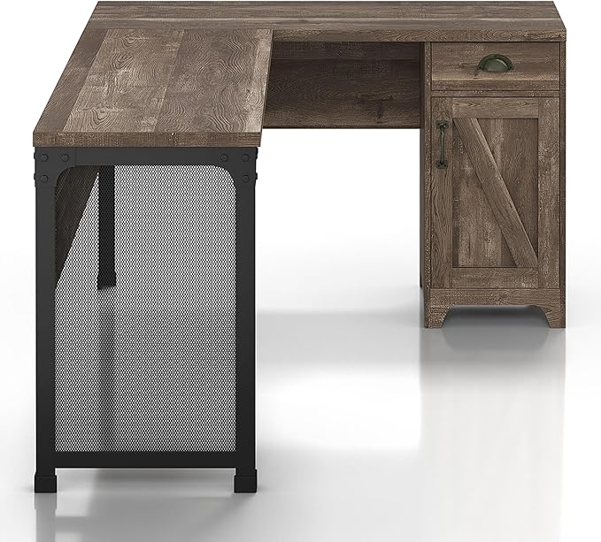 24/7 Shop at Home Holbrook Traditional 1 Drawer Wood L-Shaped Computer Desk with 2 Adjustable Shelves 1 Cabinet Door for Workstation Home Office Study Room Oak Brown
