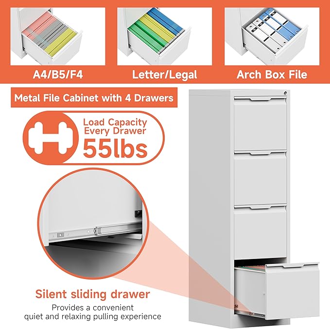 4 Drawer File CabinetMetal Vertical File Storage Cabinet with LockFiling Cabinets for Home OfficeA4 Legal/Letter Assembly Required(White)