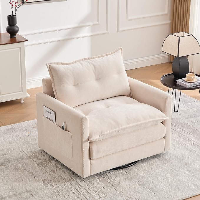 Swivel Accent Chair Recliner - Modern Barrel Chairs with 360° Rotation Thick Padded Upholstered Armchair Cozy Comfy Single Sofa for Living Room Bedroom CornerBeige-Chenille