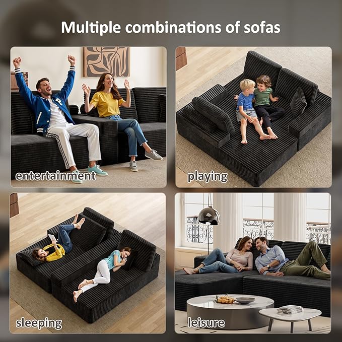 109 L Shaped Cloud Modular Sectional Couch w/Lounge Chaise Plush Corduroy Boneless Couch in a Box Comfy Modern Modular Sectional Sofa for Living Room Bedroom Apartment Corner (Black Left Facing)