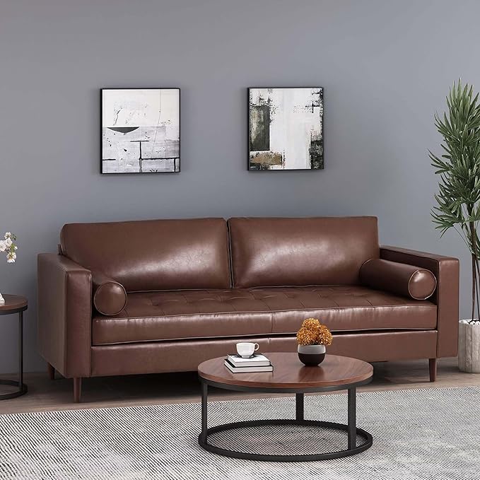 Merax Upholstered PU Sofa Classic 3 Seater Leather Couch with Wooden Legs for Living Room Bedroom Office Dark Brown