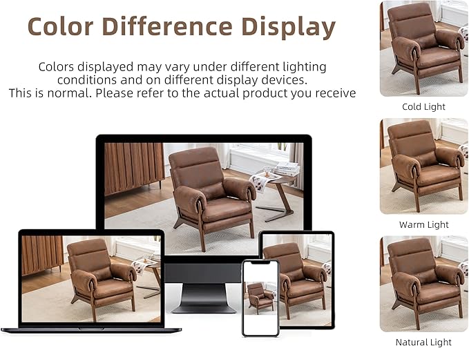 Mid Century Modern Accent ChairUpholstered Armchair with Solid Wood Frame &amp Soft Cushion for Living RoomReadingBedroomBelconySunroomBrown