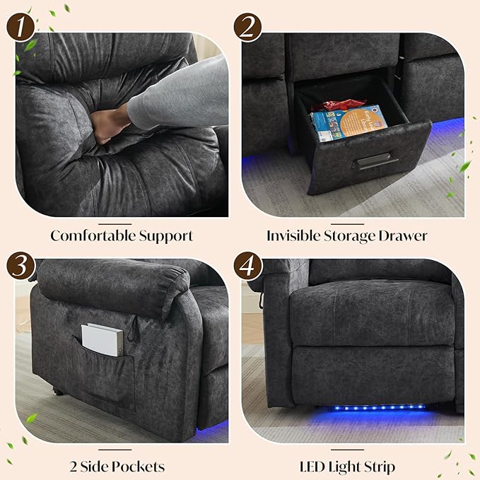 Power Lift Recliner Loveseat Sofa for Elderly Dual Motor Electric Recliner with Massage &amp Heat 2-Seater Velvet Couch with Independent Control Console Cup Holder &amp Power Outlet (Grey 69”)