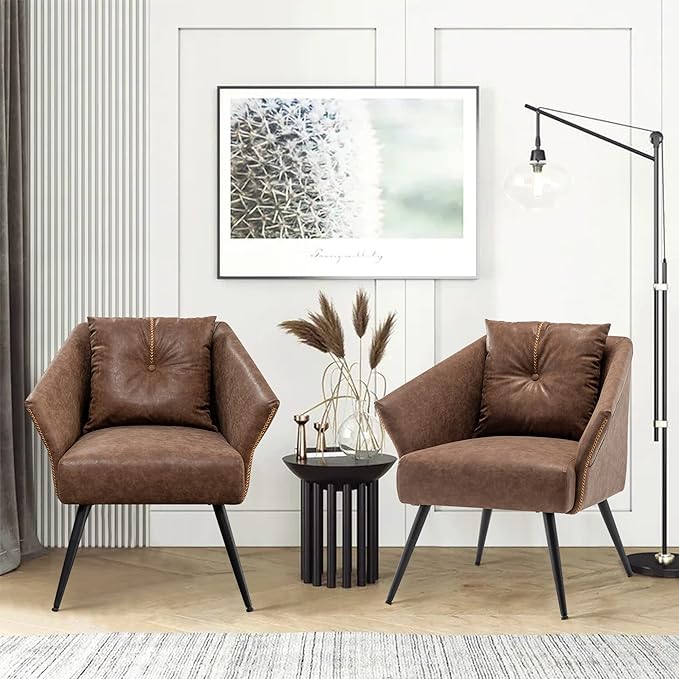 Alunaune Upholstered Brown Accent Chairs Set of 2 Modern Faux Leather Living Room Chairs Arm Chair Tub Bucket Club Chair Mid Century Large Lounge Chair Single Sofa for Bedroom