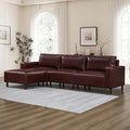 Mid-Century Modern Sofa with Movable Ottoman PU Leather 3-Seater Couch with Solid Wood Legs Lounge Comfy L-Shaped Sofa Upholstered Modular Sectional Couch for Living Room Bedroom(112W Burgundy)