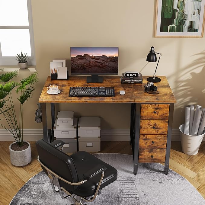 DLisiting 47 Inch Computer Office Desk - Home Office Desk with Storage Fabric Drawers Simple PC Writing Work Desks for Bedroom Boys Girls Teens Childrens Rustic Brown