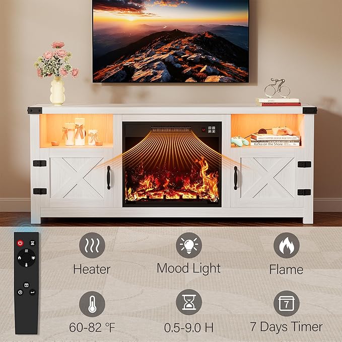 YESHOMY LED Fireplace TV Stand with Mood Lighting TV Cabinet with Open Shelf Farmhouse Media Console with Hidden Cable Routing Entertainment Center for Televisions up to 65+ Inch White
