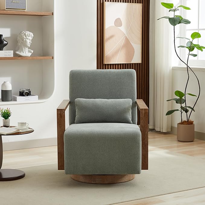 30.3 W Swivel Accent Chair with Solid Wood Armrests Modern Upholstered Armchair with Rubberwood Base 360 Degree Comfy Lounge Reading Chair for Living Room Bedroom or Office (Pale Green)