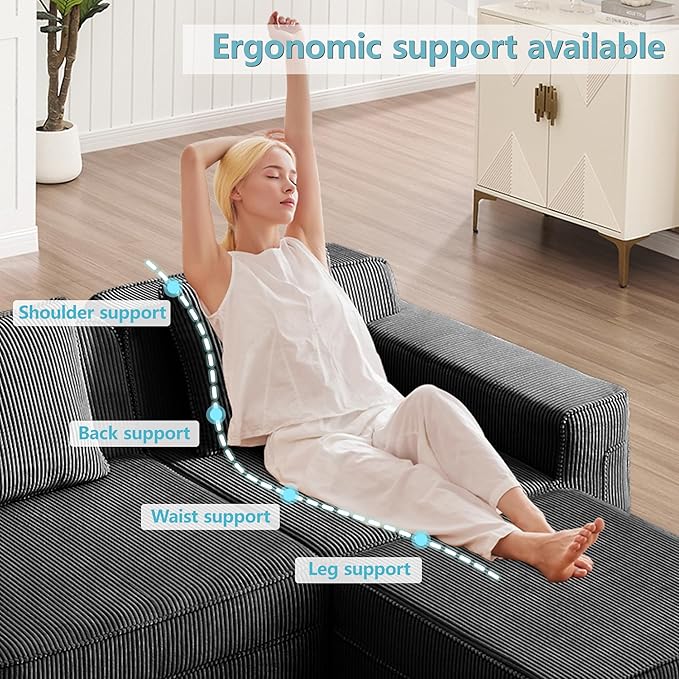 117.3 Compressed Sofa with Deep SeatsBoneless Sectional Couch with High Density Memory Foam SofaU Shaped Black 3 Seater Sofa for Living Room ApartmentsNo Assembly