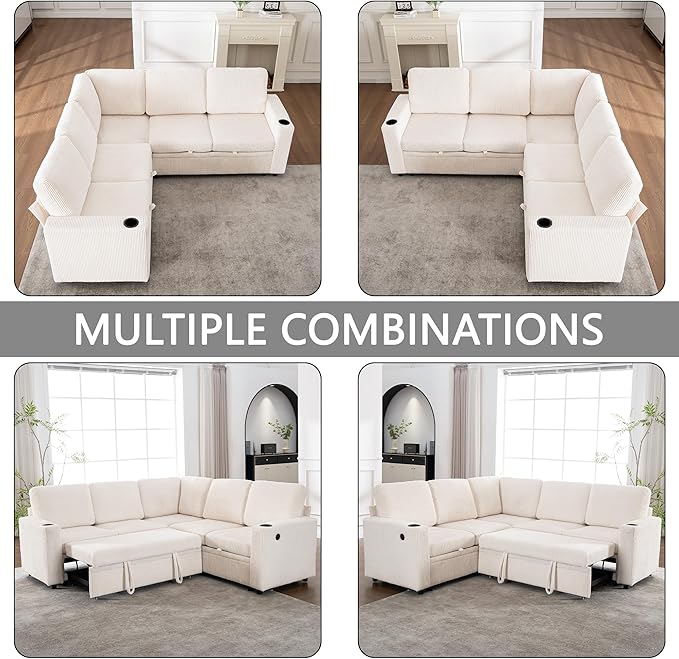 83 Sleeper Couch with Pull Out Sofa Bed 5-Seater Sectional Couches for Living Room L-Shaped Couch with Storage USB Port &amp Cup Holder Corduroy Convertible Corner Sofa for Apartment