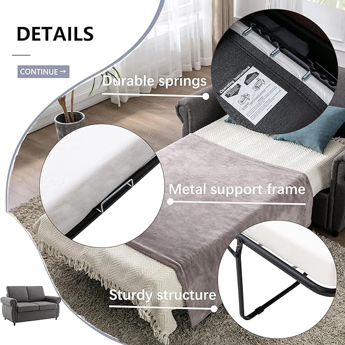 Merax 57.9 Loveseat Sofa Couch with Pull Out Bed 3 in 1 Convertible Line Fabric Sleeper Sofa Bed with 2 USB Ports and Twin Size Memory Mattress for Apartment Office Living Room (Grey)