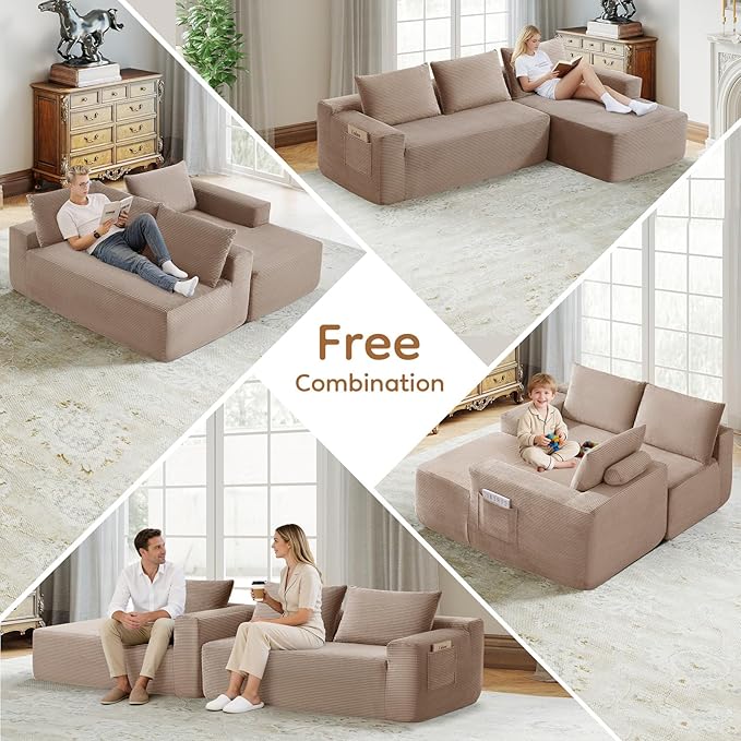 97 L Shaped Boneless Couches fo Living Room Modular Sectional Sofa Camel Corduroy Compression Couches for Small Spaces No Assembly Required (Right Facing Chaise)