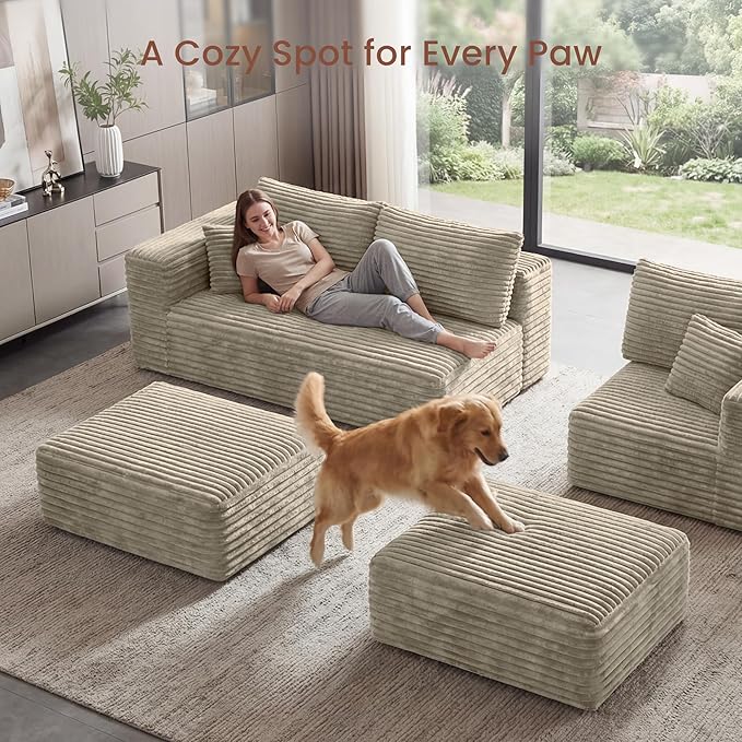 Modular Sectional Sofa | 108 Cloud Couch with Cozy Textured CorduroyU-Shaped Boneless Couch Pit SofaHigh-Density Foam Convertible Floor Couch for Home1400lbs Support | Oat Beige | 2 Manageable Box