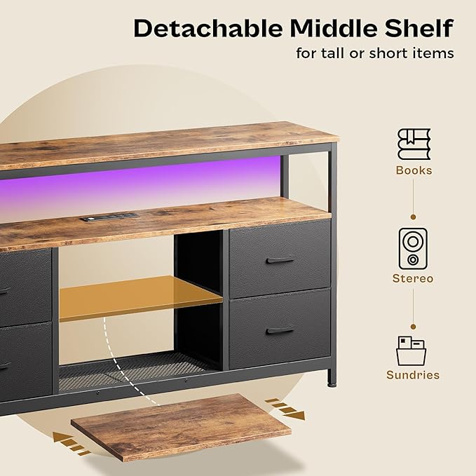 Huuger TV Stand Dresser with Power Outlets and LED Lights 4 Drawers Entertainment Center with Shelves 54 Inch Media Console for 55 60 Inch TV PU Finish Rustic Brown and Black