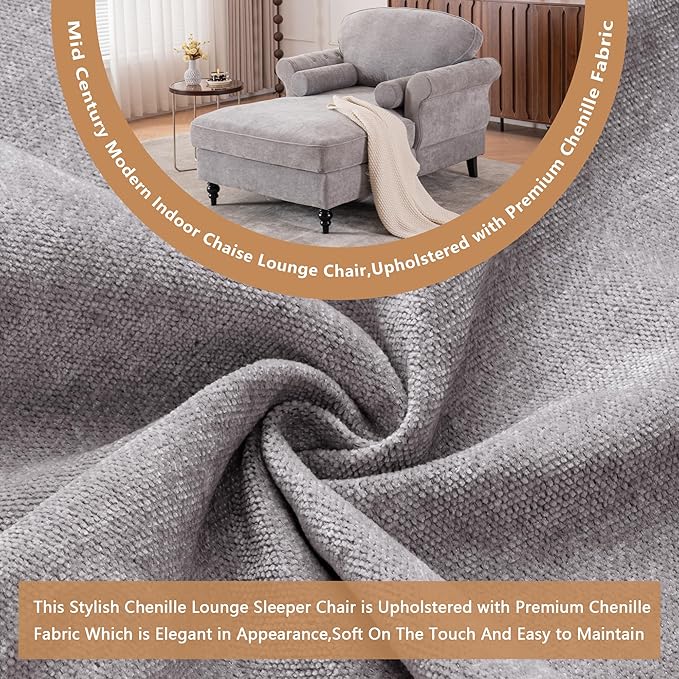 Setawix Chenille Upholstered Chaise Lounger Sleeper Sofa ChairOversized Chaise Lounge Chair Indoor with Rolled ArmsMid Century Modern Lounger Couch for Living Room Bedroom (Light Grey 43.3 W)
