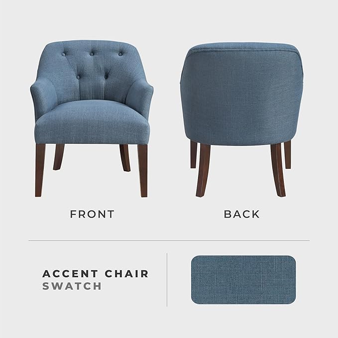Lexicon Modern Accent Chair Textured Fabric Upholstered Arm Chair with Button Tufted Back Sloped Flared Arms and Wooden Legs for Living Room/Bedroom Blue