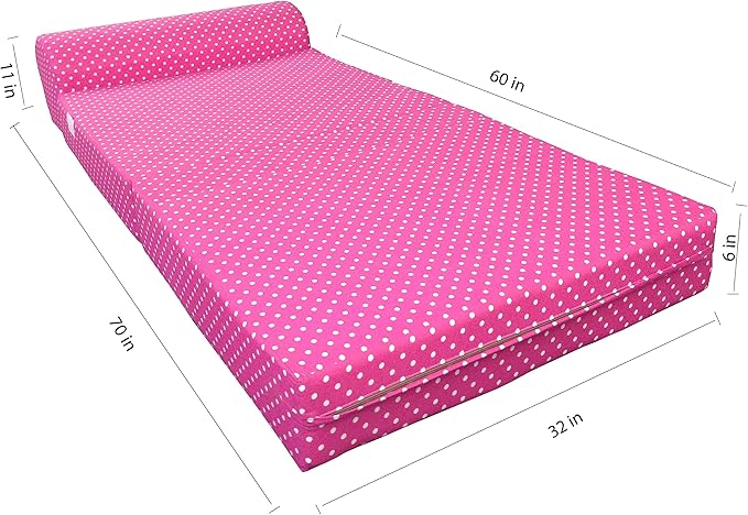 D&ampD Futon Furniture Sleeper Chair Folding Foam Beds Portable Studio Guest Sofa Bed 6 x 32 x 70 Polka Dots Pink