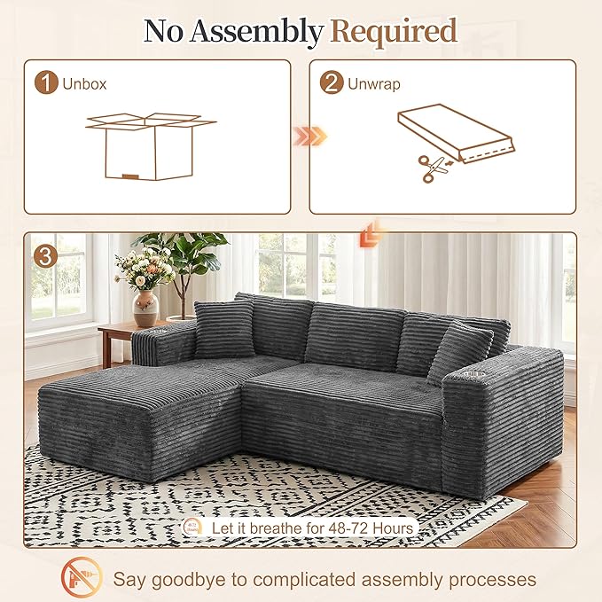 Vongrasig 103 Boneless Couches for Living RoomSectional Couches Modular Sofa with L-Shaped Chaise Memory Foam Comfy Cloud Couch with Plush Corduroy Fabric No Assembly Required Dark Grey