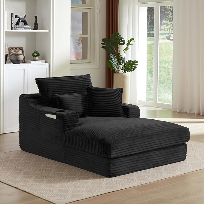 67.7 Oversized Chaise Lounge Chair Indoor Modern Corduroy Single Sleeper Couch Chair with 3 Soft Pillows＆Cup Holder Boneless Cloud Couch Single Seat Sofa for Living Room Bedroom (Black)