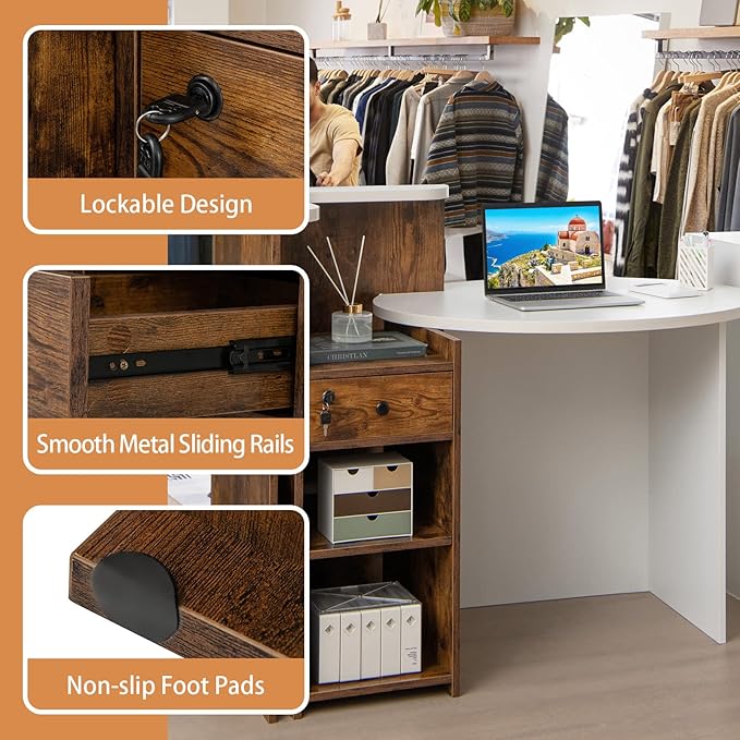 Reception Desk Front Desk Reception Counter with Oval Desktop Open Shelf &amp Lockable Drawer Small Retail Checkout Counter Table Wood Computer Workstation for Home Office Lobby &amp Salon