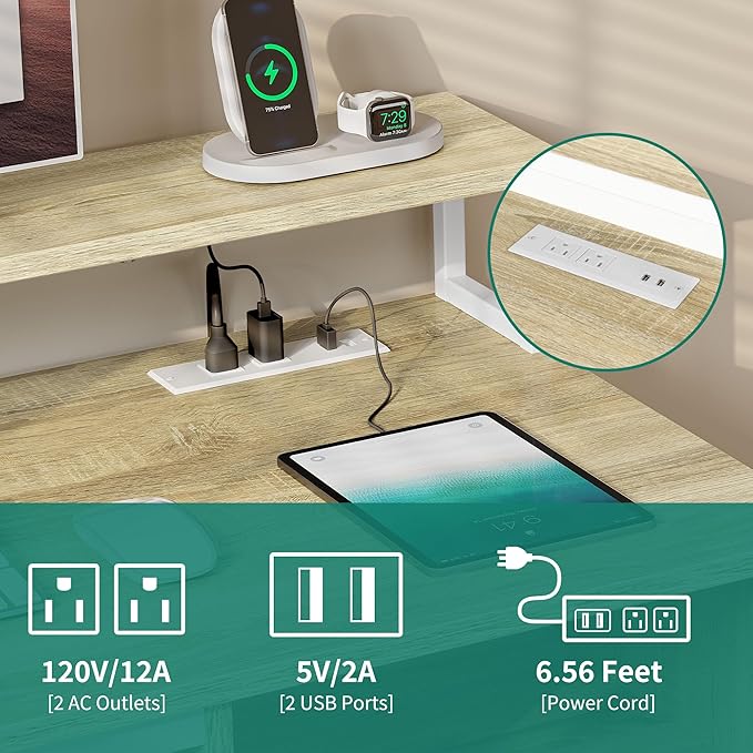 YITAHOME Computer Desk with Drawers 47.2 Office Desk with Power Outlets &amp LED Light Home Office Desk with Storage Shelves White &amp Oak