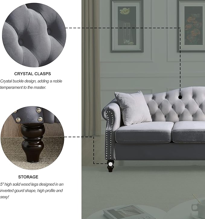 2 Piece Grey Velvet Chesterfield Sofa Set for Living Room79 3 Seater&amp57 Loveseat Sofa SetButton Tufted Nailhead Trimming Curved Backrest Rolled Arms with Black Metal Legs with 4 Pillows
