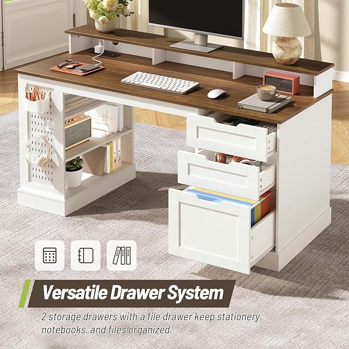 55inch Farmhouse Executive Desk with 2 Drawers and File Cabinet Computer Desk with 3-Tier Storage Shelves Home Office Desk with Charging Station Pegboard and Monitor Shelf White and Walnut