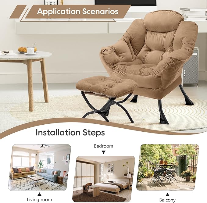 Lazy Chair with Folding Ottoman Modern Large Accent ChairContemporary Lounge Leisure Sofa Chair with Armrests Upholstered Sofa Armchair Reading Chair for BedroomDorm &amp Office(Khaki-f)